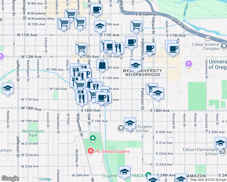 map of restaurants, bars, coffee shops, grocery stores, and more near 322 East 16th Avenue in Eugene