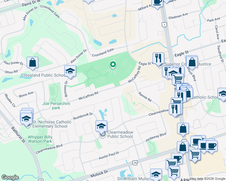 map of restaurants, bars, coffee shops, grocery stores, and more near 315 Flanagan Court in Newmarket
