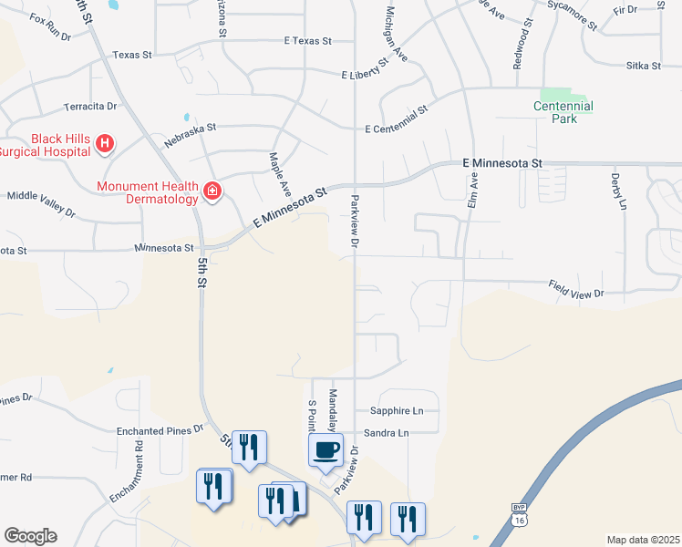 map of restaurants, bars, coffee shops, grocery stores, and more near 4311 Parkview Drive in Rapid City