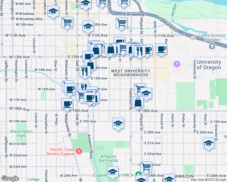 map of restaurants, bars, coffee shops, grocery stores, and more near 438 East 16th Avenue in Eugene