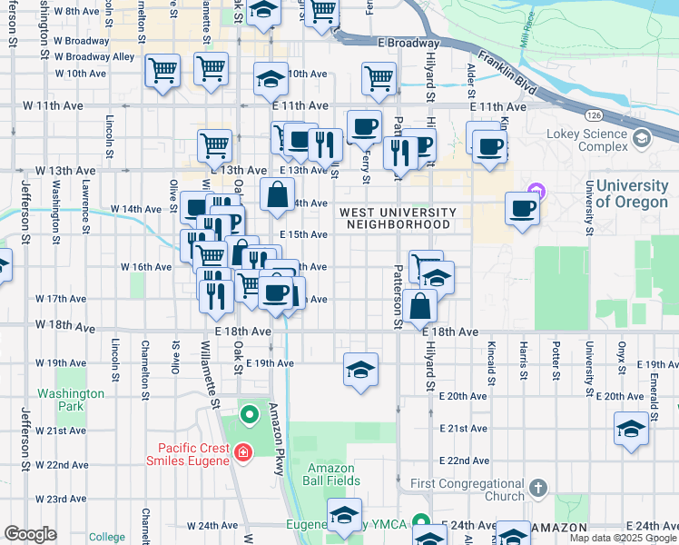 map of restaurants, bars, coffee shops, grocery stores, and more near 412 East 16th Avenue in Eugene