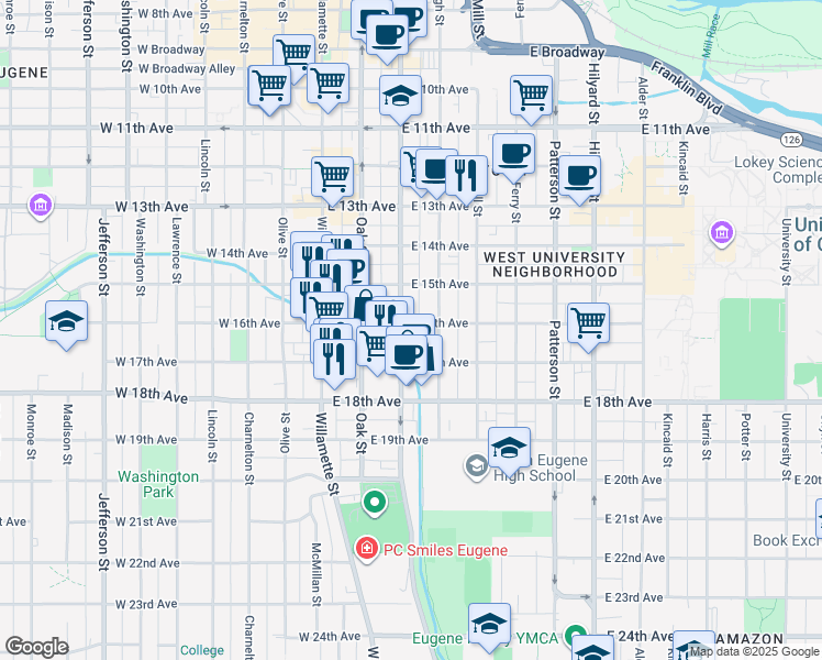 map of restaurants, bars, coffee shops, grocery stores, and more near 1605 Pearl Street in Eugene