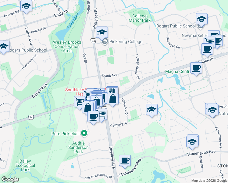 map of restaurants, bars, coffee shops, grocery stores, and more near 562 Mulock Court in Newmarket