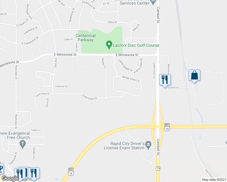 map of restaurants, bars, coffee shops, grocery stores, and more near 1121 Range View Circle in Rapid City
