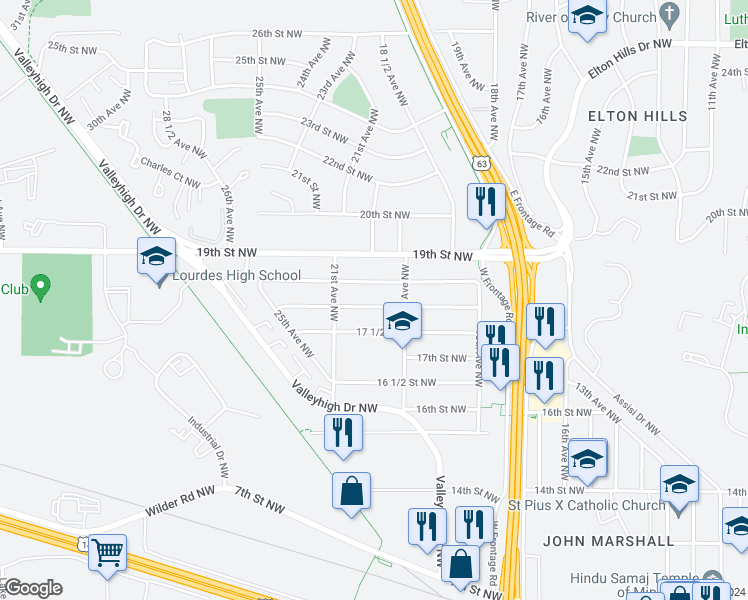 map of restaurants, bars, coffee shops, grocery stores, and more near 2005 18th Street Northwest in Rochester