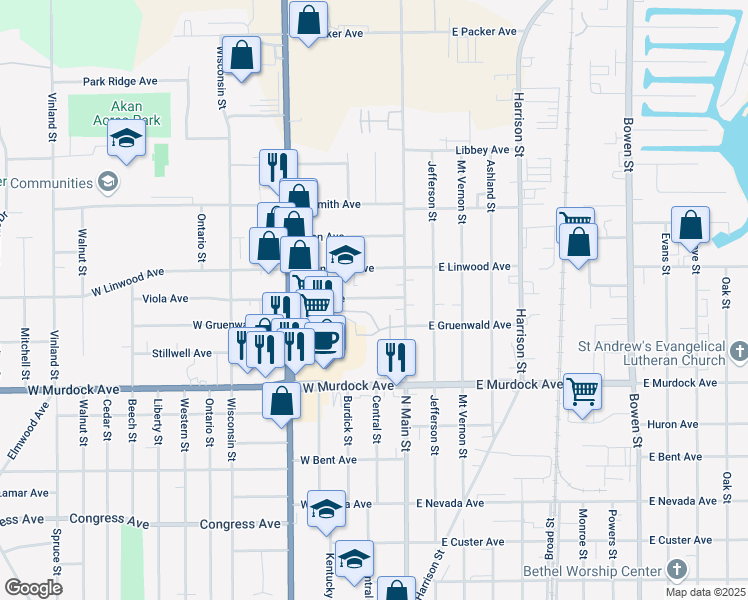 map of restaurants, bars, coffee shops, grocery stores, and more near 31 Viola Avenue in Oshkosh
