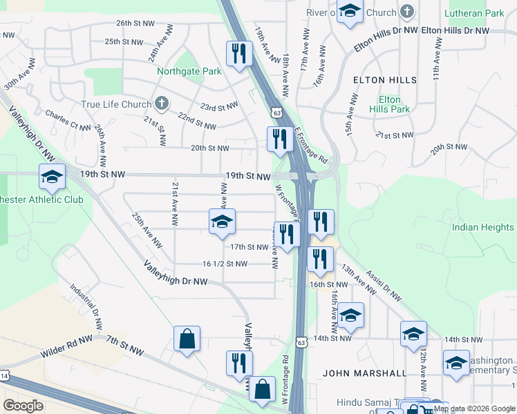 map of restaurants, bars, coffee shops, grocery stores, and more near 1812 18th Street Northwest in Rochester