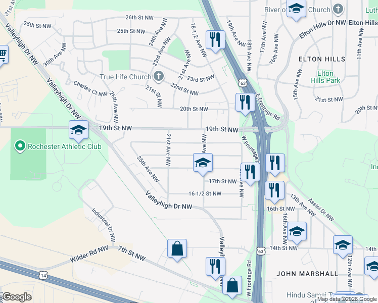 map of restaurants, bars, coffee shops, grocery stores, and more near 2014 18th Street Northwest in Rochester