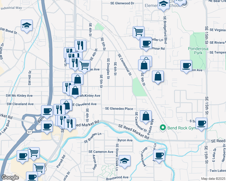 map of restaurants, bars, coffee shops, grocery stores, and more near 900 Southeast Douglas Street in Bend
