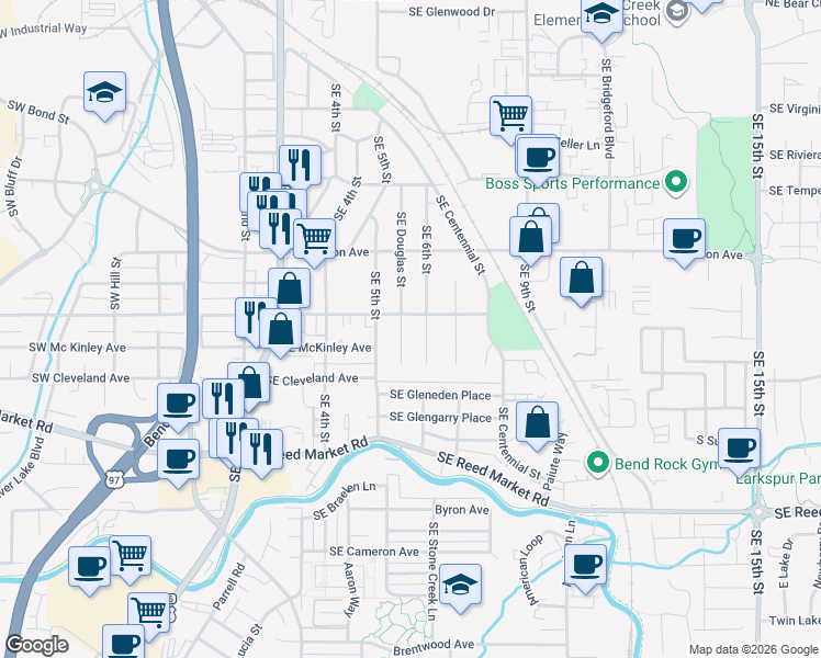 map of restaurants, bars, coffee shops, grocery stores, and more near 900 Southeast Douglas Street in Bend