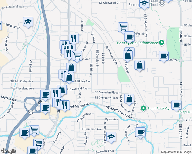 map of restaurants, bars, coffee shops, grocery stores, and more near 900 Southeast Douglas Street in Bend