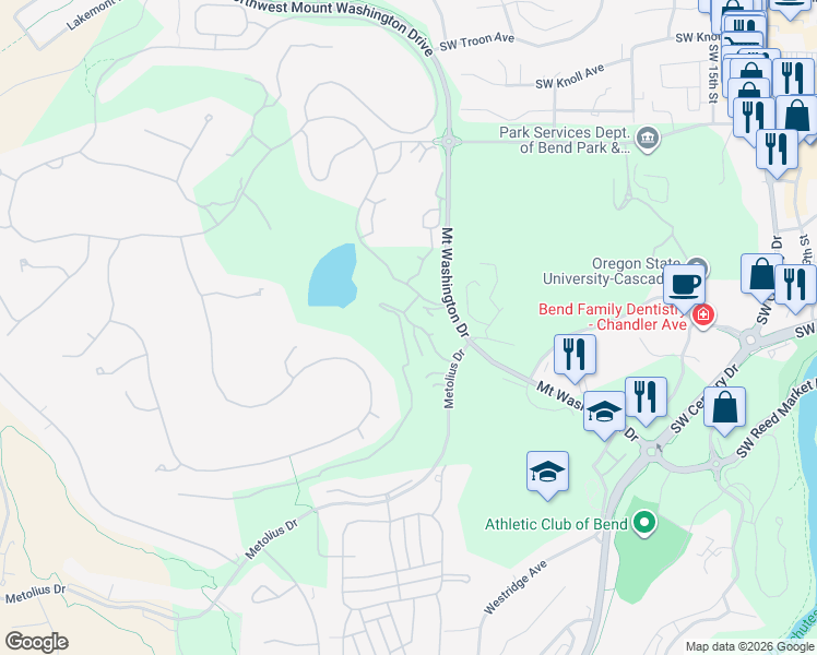 map of restaurants, bars, coffee shops, grocery stores, and more near 61739 Bridge Creek Loop in Bend