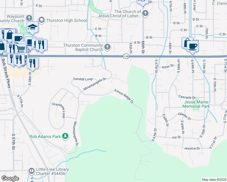 map of restaurants, bars, coffee shops, grocery stores, and more near 6411 Forest Ridge Drive in Springfield