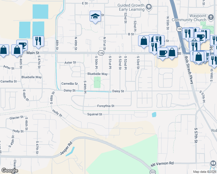 map of restaurants, bars, coffee shops, grocery stores, and more near 5131 Daisy Street in Springfield