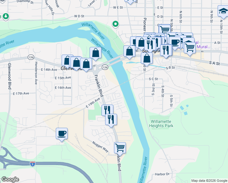 map of restaurants, bars, coffee shops, grocery stores, and more near 4501 Franklin Boulevard in Eugene