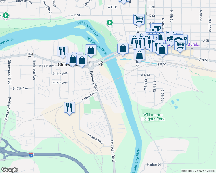 map of restaurants, bars, coffee shops, grocery stores, and more near 4501 Franklin Boulevard in Eugene