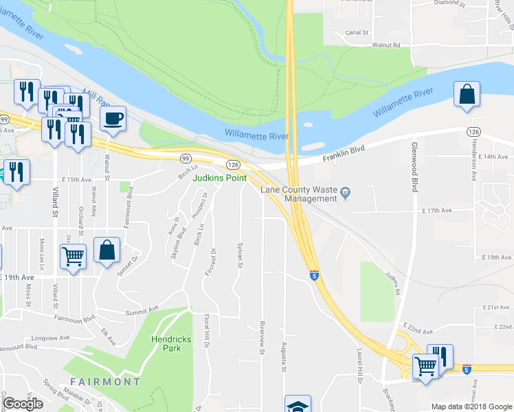 map of restaurants, bars, coffee shops, grocery stores, and more near 1610 Riverview Street in Eugene