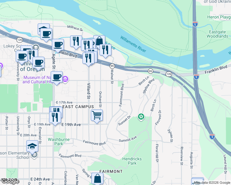 map of restaurants, bars, coffee shops, grocery stores, and more near 1662 Walnut Street in Eugene