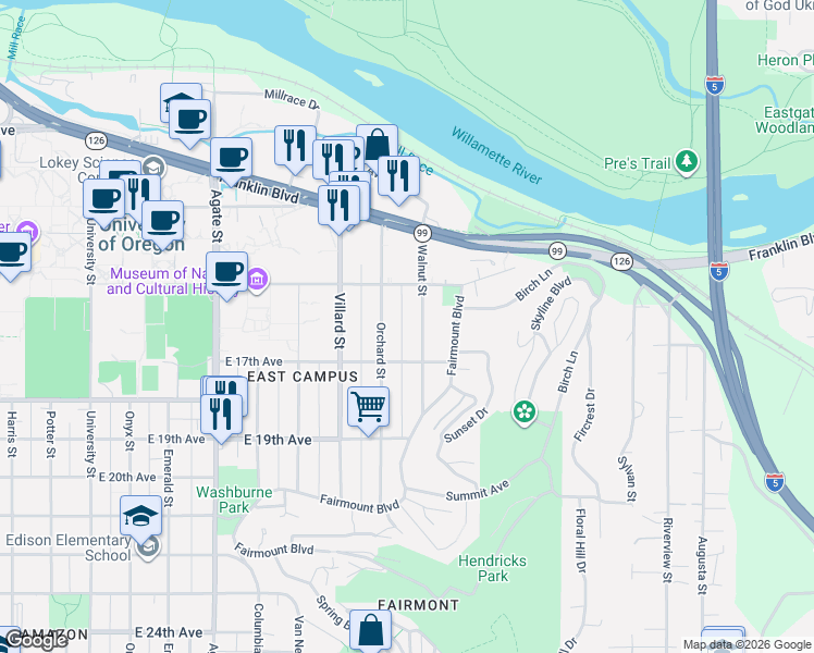 map of restaurants, bars, coffee shops, grocery stores, and more near 1662 Walnut Street in Eugene