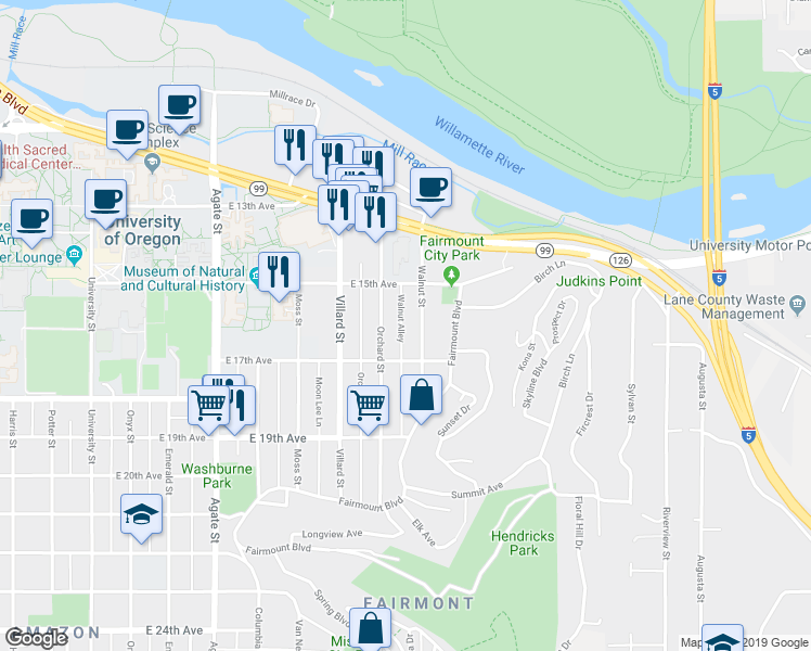 map of restaurants, bars, coffee shops, grocery stores, and more near 1662 Walnut Street in Eugene