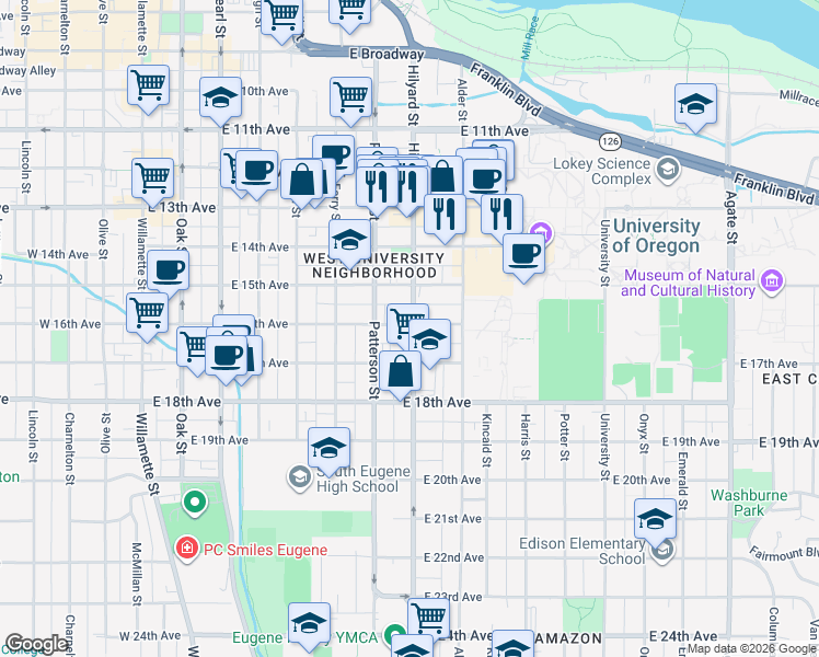 map of restaurants, bars, coffee shops, grocery stores, and more near 1676 Hilyard Street in Eugene
