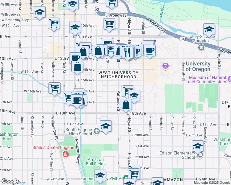 map of restaurants, bars, coffee shops, grocery stores, and more near 1670 Patterson Street in Eugene