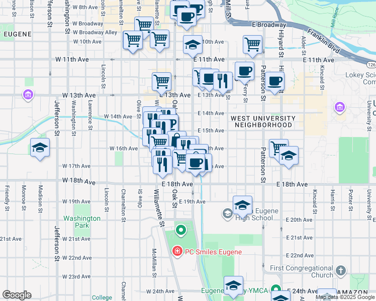 map of restaurants, bars, coffee shops, grocery stores, and more near 1686 Pearl Street in Eugene