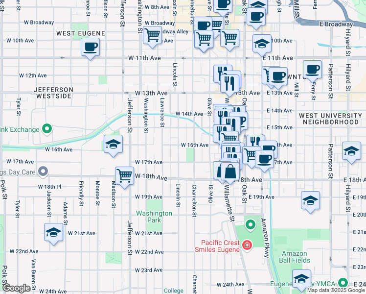 map of restaurants, bars, coffee shops, grocery stores, and more near 1688 Charnelton Street in Eugene