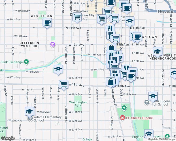 map of restaurants, bars, coffee shops, grocery stores, and more near 329 West 17th Avenue in Eugene