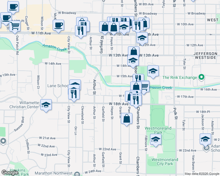 map of restaurants, bars, coffee shops, grocery stores, and more near 1885 West 17th Avenue in Eugene