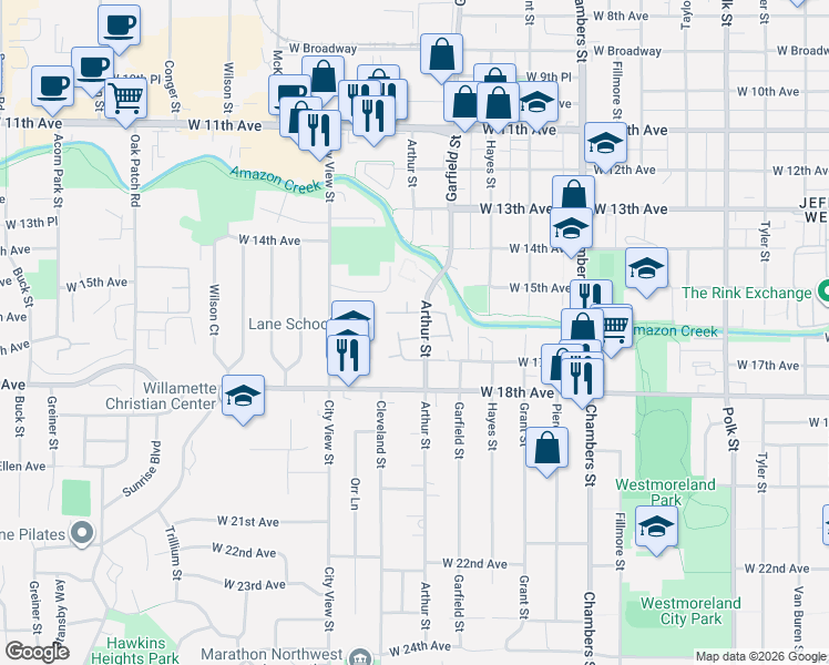 map of restaurants, bars, coffee shops, grocery stores, and more near 2125 West 17th Avenue in Eugene