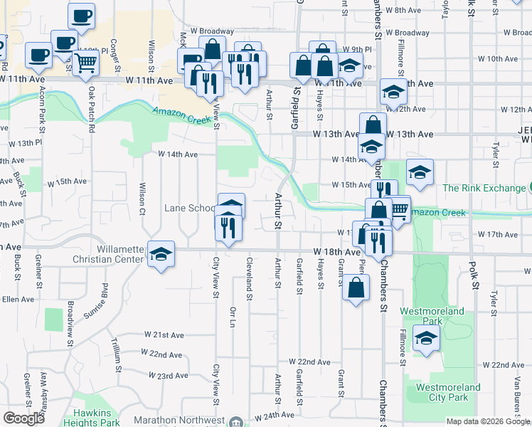 map of restaurants, bars, coffee shops, grocery stores, and more near 2125 West 17th Avenue in Eugene