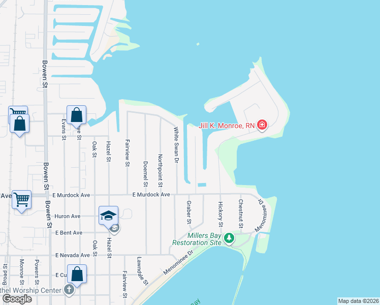 map of restaurants, bars, coffee shops, grocery stores, and more near 1950 White Swan Drive in Oshkosh