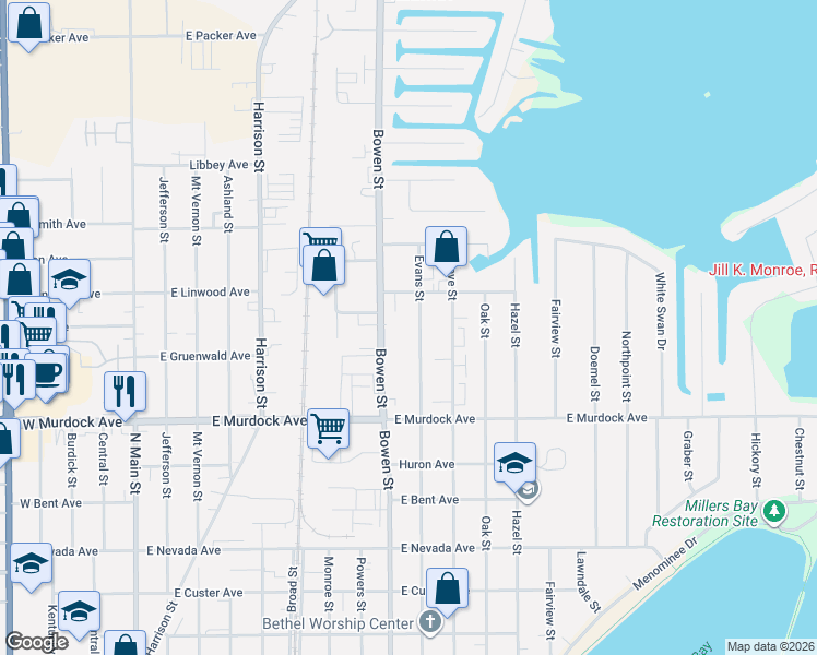 map of restaurants, bars, coffee shops, grocery stores, and more near 1850 Bowen Street in Oshkosh