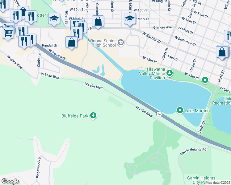 map of restaurants, bars, coffee shops, grocery stores, and more near 980 West Lake Boulevard in Winona