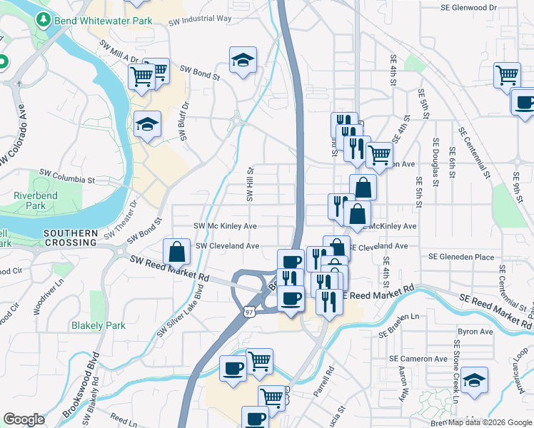 map of restaurants, bars, coffee shops, grocery stores, and more near 35 Southwest Mc Kinley Avenue in Bend
