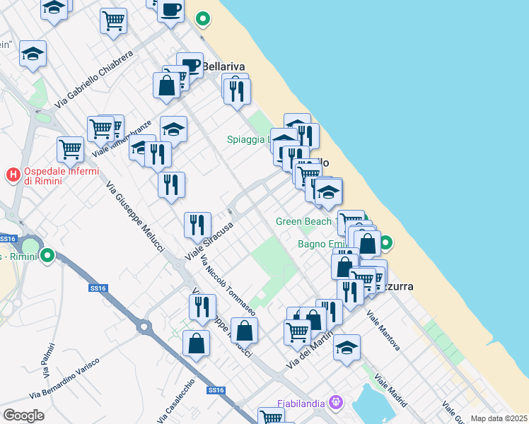 map of restaurants, bars, coffee shops, grocery stores, and more near 1 Via Aurelio Cassiodoro in Rimini
