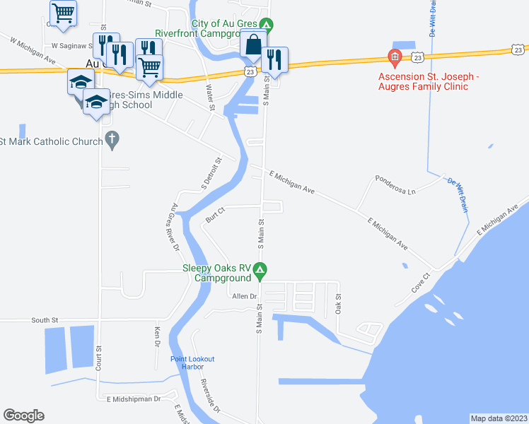 map of restaurants, bars, coffee shops, grocery stores, and more near 603 South Main Street in Au Gres