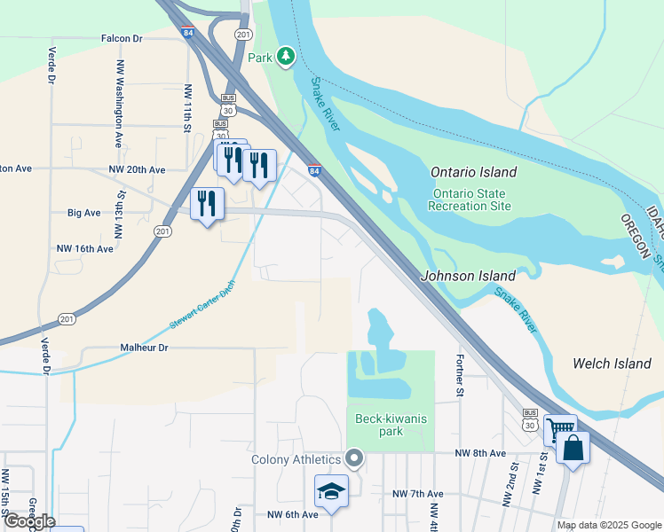 map of restaurants, bars, coffee shops, grocery stores, and more near 1574 Northwest 9th Street in Ontario