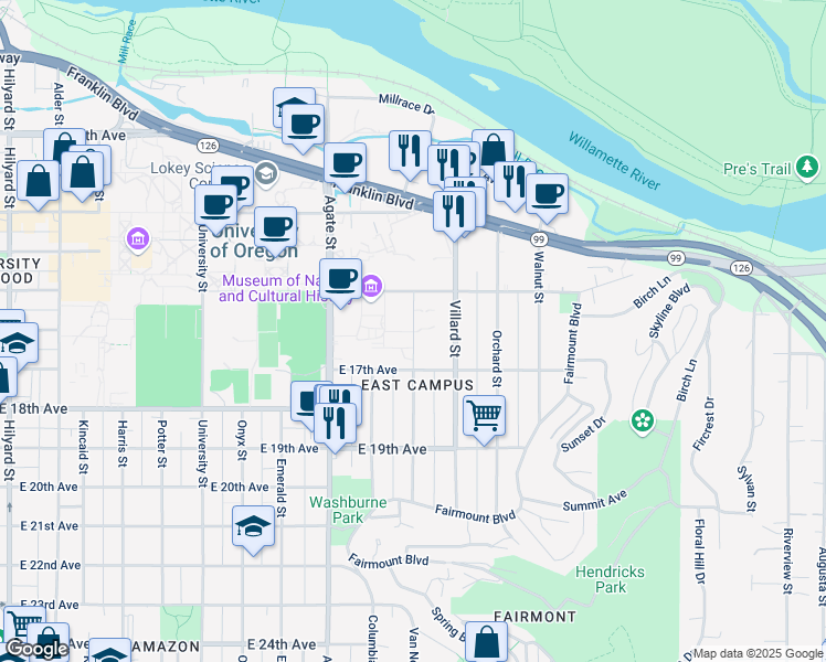 map of restaurants, bars, coffee shops, grocery stores, and more near Moss Street in Eugene