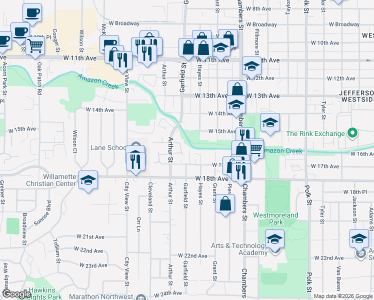 map of restaurants, bars, coffee shops, grocery stores, and more near 1935 West 17th Avenue in Eugene