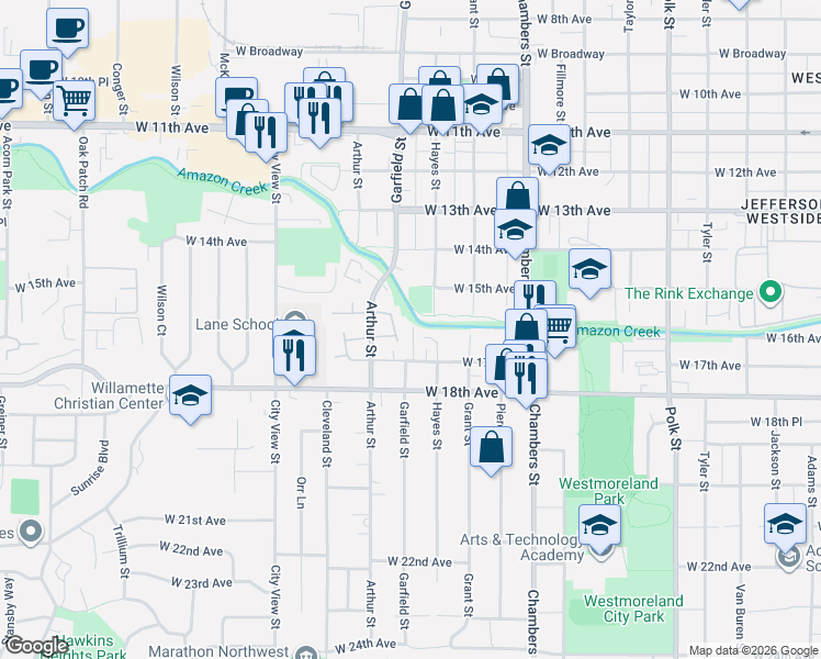 map of restaurants, bars, coffee shops, grocery stores, and more near 1933 West 17th Avenue in Eugene