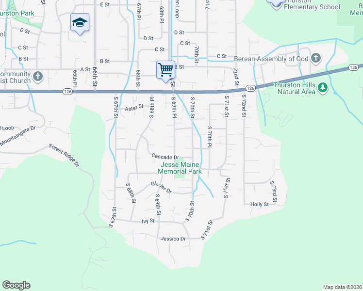 map of restaurants, bars, coffee shops, grocery stores, and more near 655 Cascade Drive in Springfield