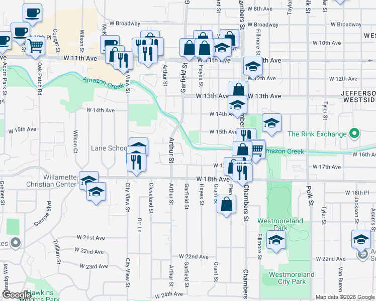 map of restaurants, bars, coffee shops, grocery stores, and more near 2019 West 17th Avenue in Eugene