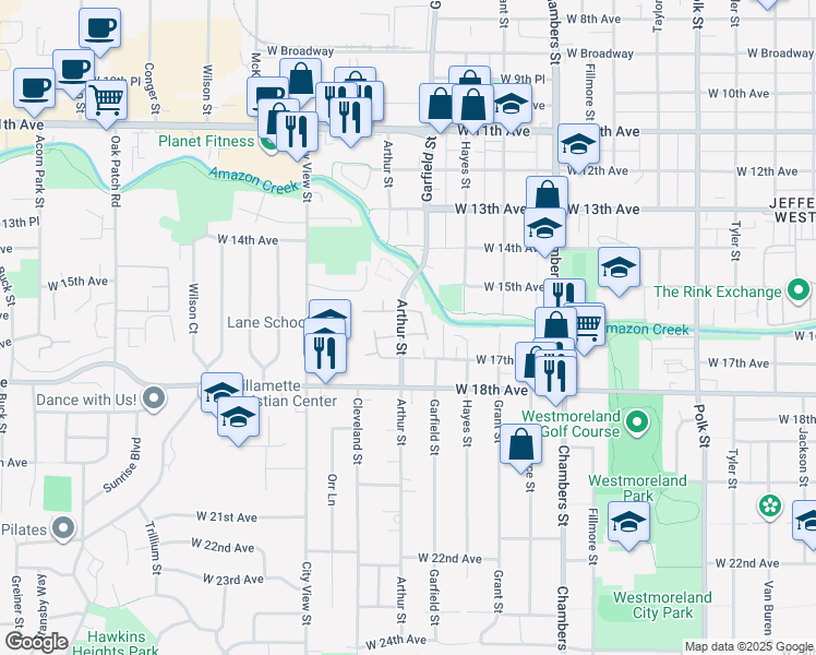 map of restaurants, bars, coffee shops, grocery stores, and more near 2065 West 16th Way in Eugene