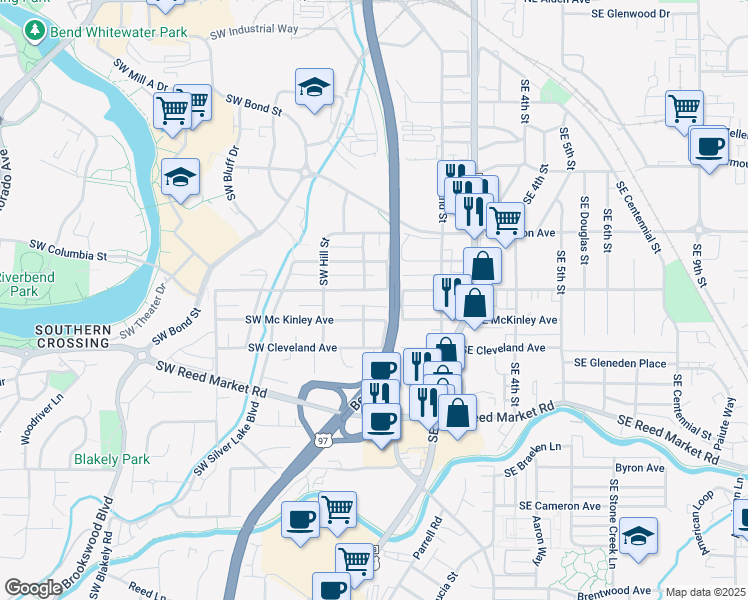 map of restaurants, bars, coffee shops, grocery stores, and more near 15 Southeast Roosevelt Avenue in Bend