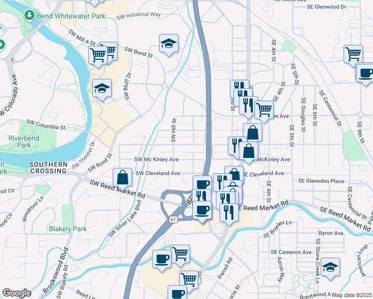 map of restaurants, bars, coffee shops, grocery stores, and more near 35 Southwest Mc Kinley Avenue in Bend