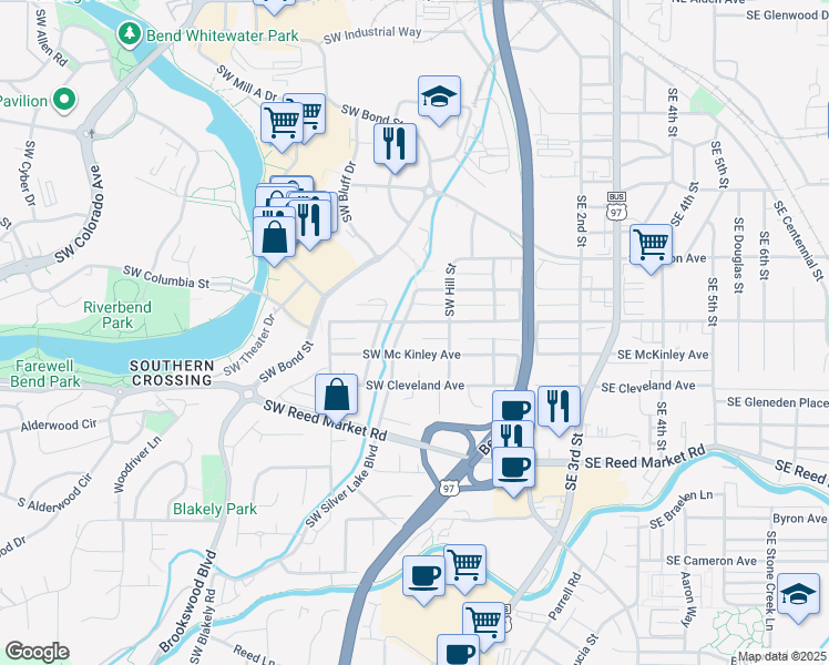 map of restaurants, bars, coffee shops, grocery stores, and more near 225 Southwest Mc Kinley Avenue in Bend