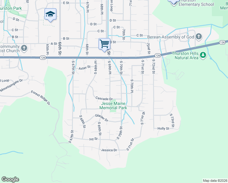 map of restaurants, bars, coffee shops, grocery stores, and more near 655 Cascade Drive in Springfield
