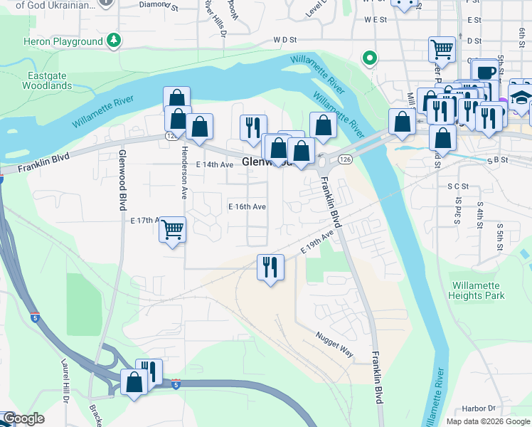 map of restaurants, bars, coffee shops, grocery stores, and more near 1711 Concord Street in Eugene